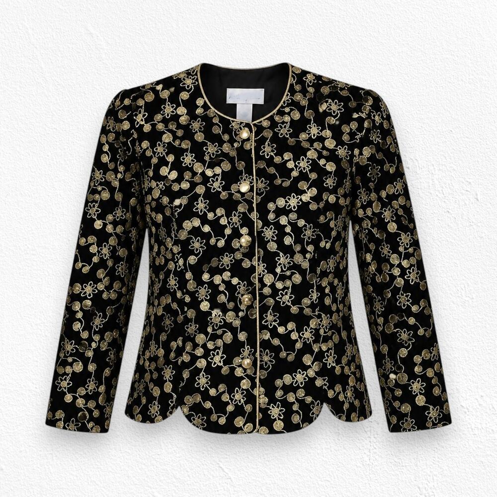 Vintage 80s Black Velvet Floral Gold Embroidered Jacket Evening Blazer Size 14